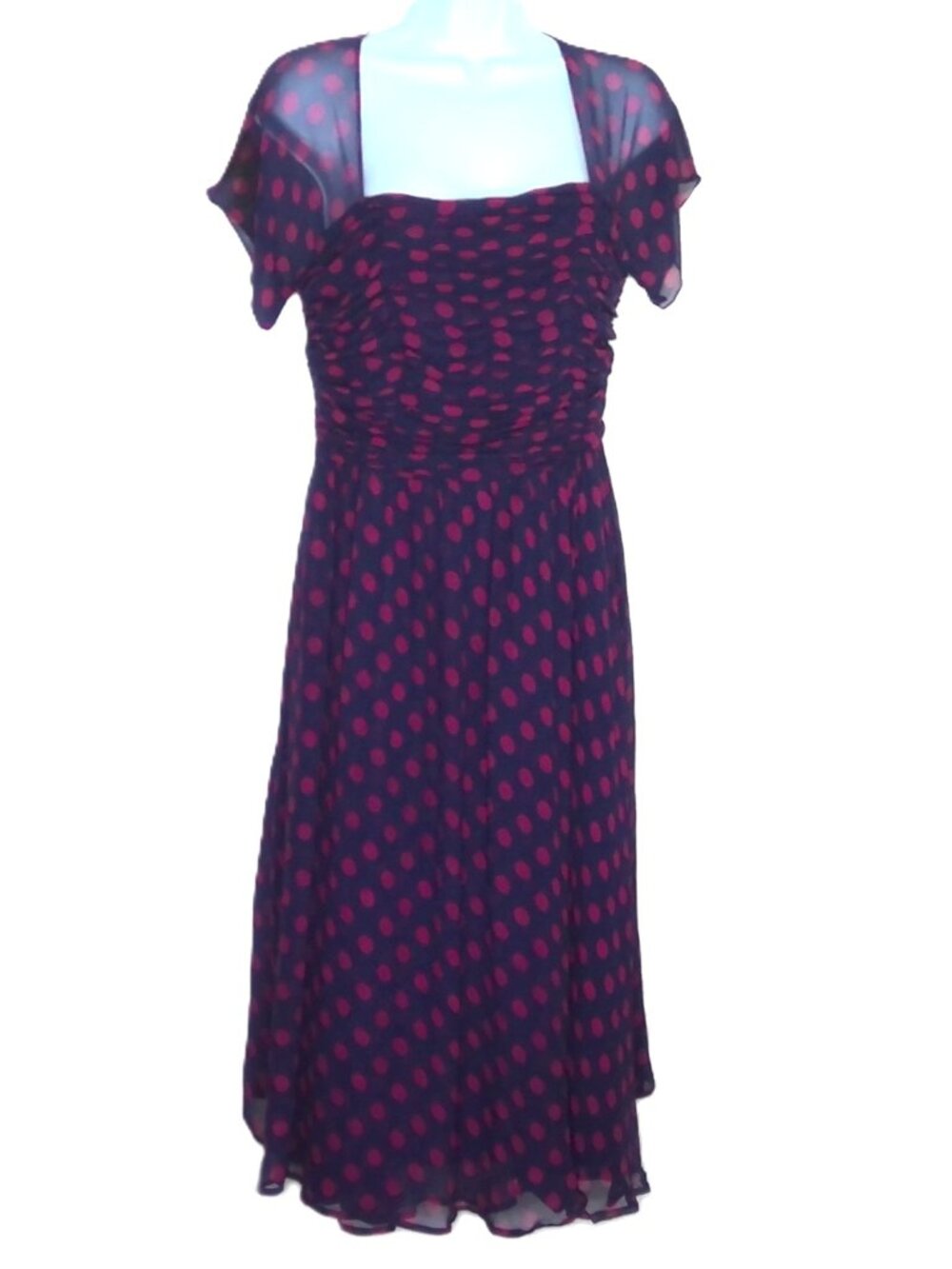 J. Peterman Midnight Blue & Dark Rose Midi Dress Flowy Sheer Overlay & Sleeve 12